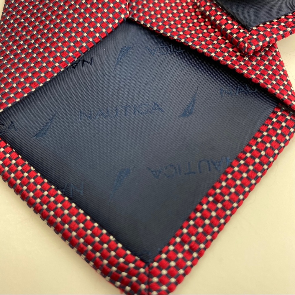 4/$25 Nautica Red Navy White Check 100% Silk Tie - Picture 9 of 13